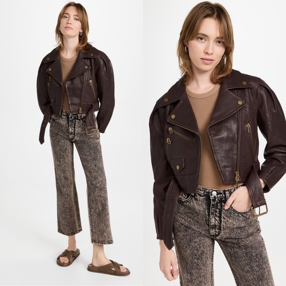 Veronica Beard Marea Leather Moto Jacket in Brown Size 2 NWT